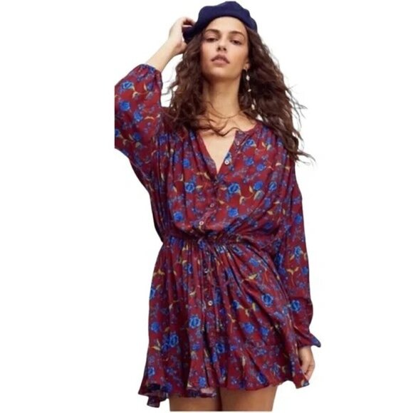Free People Flower Fields Maroon with Blue Floral Pattern Mini Dress Medium - Picture 1 of 10